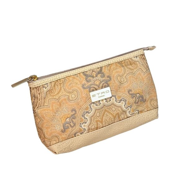 ETRO Cosmetic Make Up Bag Beige Tan Paisley Embossed Faux Leather - Picture 1 of 10
